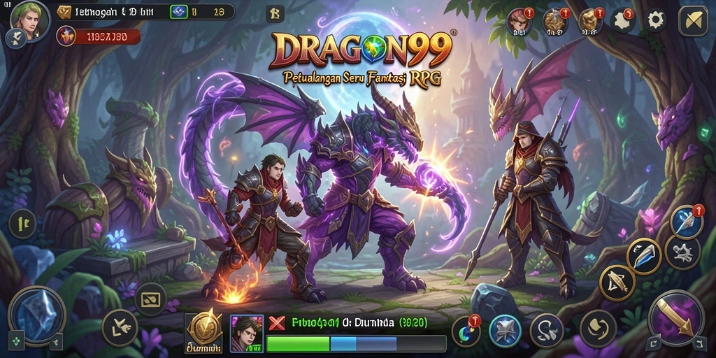 Tangkapan layar utama DRAGON99 menampilkan pertarungan epik di dunia RPG.