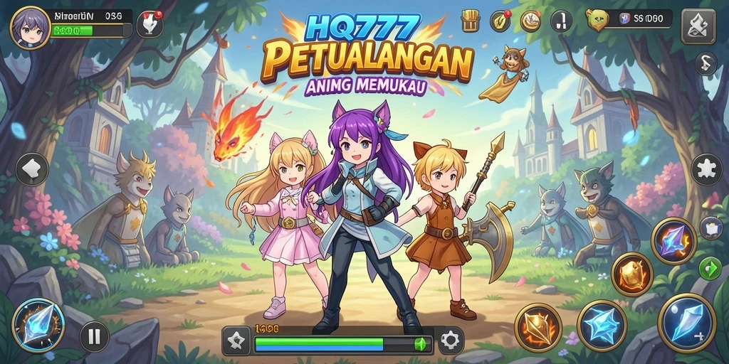 Tampilan gameplay HQ777 yang penuh aksi dan karakter Anime.