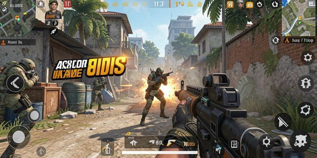 Screenshot gameplay KO857 menampilkan aksi menembak yang intens di dalam peta terbuka.