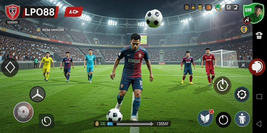 Screenshot dari gameplay seru LPO88 yang menunjukkan aksi sepak bola.
