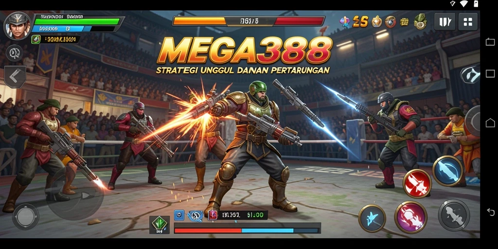 Screenshot utama MEGA388 menampilkan aksi pertempuran yang intens dan strategis.