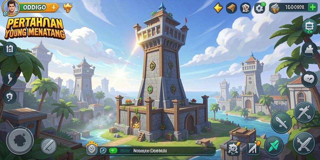 Tangkapan layar gameplay ODDIGO menampilkan menara dan strategi pertahanan yang menegangkan.